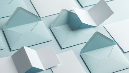 Serene arrangement of pastel envelopes and blank letters on soft blue background for penpal communication