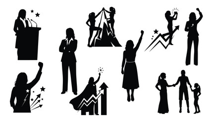 Black silhouettes of business people and family members in various poses, celebrating success and achievement on white background, vector graphics