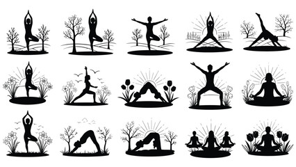 Obraz premium Collection of various yoga poses and exercises in nature, silhouette illustrations of people practicing yoga outdoors in different positions and settings