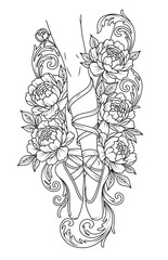 Tattoo design featuring ballet pointe shoes on dancer's legs, surrounded by blooming peony flowers and elegant baroque scrolls. Black and white line art illustration.