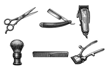 Vintage barber tools set featuring scissors, razor, and clippers in detailed engraving style