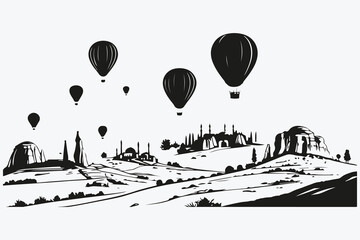 Cappadocia landscapes with hot air balloons sketch illustration vector