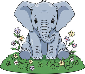 Naklejka premium Cute Baby Elephant Cartoon Sitting on Green Grass Patch