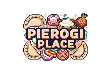 Fototapeta premium Pixel art pierogi place logo with dumplings and onions