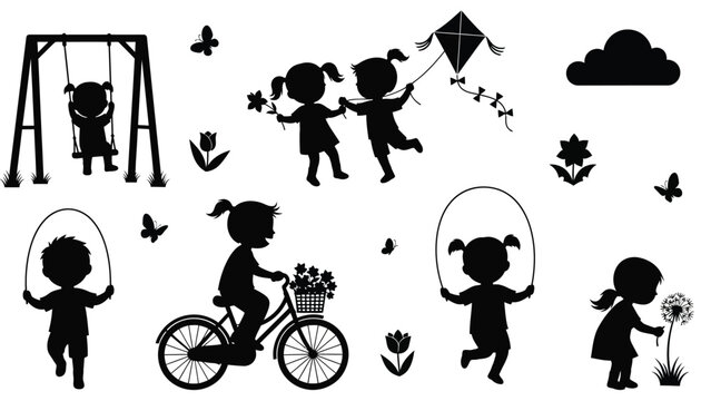 Silhouette illustration of children playing outside on a sunny day with swings, flowers, kite, bicycle, and butterflies, kids enjoying leisure activities in a park