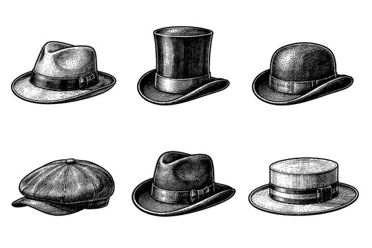 Vintage hat collection: classic fedora, top hat, and more in detailed etching style