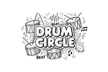 Obraz premium Hand-drawn drum circle with musical elements and doodle style text