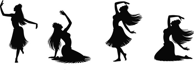 Hula dancer silhouettes collection showing graceful Hawaiian women dancing traditional island movements in elegant black vector illustration style