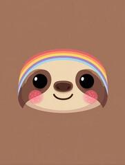 Obraz premium Adorable cartoon sloth face with rainbow arc, smiling with rosy cheeks, concept of happiness and positivity