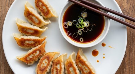 Delicious gyoza dumplings with soy sauce on a wooden table for dining inspiration