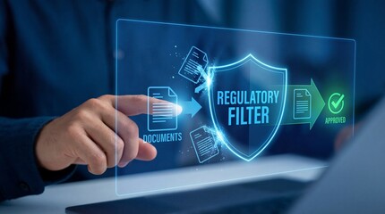 Businessman interacting with regulatory filter interface on transparent screen