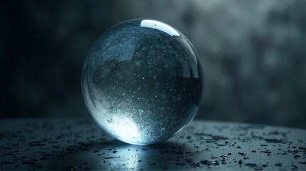 Mystical glowing glass sphere with swirling white particles inside, resting on a dark textured surface under moody cinematic lighting