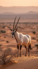 Majestic Arabian oryx standing alone in golden desert light, showcasing the resilient beauty of wildlife in harsh 