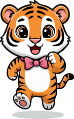 Fototapeta premium Adorable happy baby tiger cartoon character wearing a pink bow tie