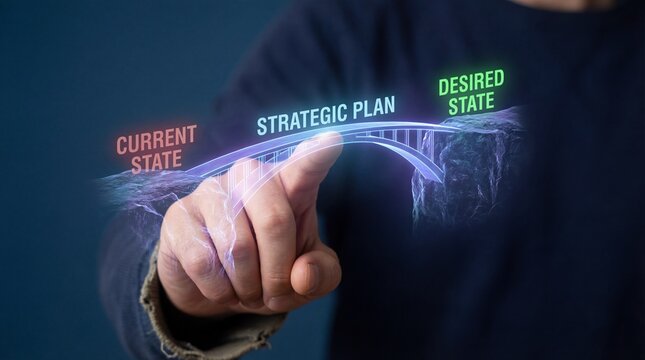 Businessman implementing strategic plan to achieve desired state