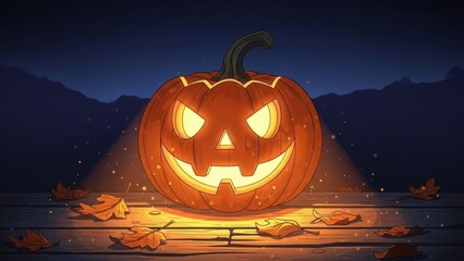 Enchanting glowing jack-o'-lantern amidst scattered autumn leaves at twilight on a rustic table