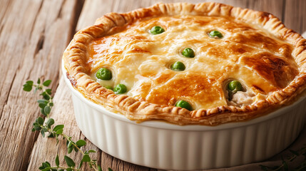 Healthy Homemade Chicken Pot Pie with Sauce and Peas.