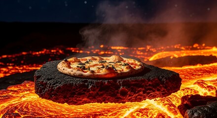 Pizza on volcanic rock culinary concept with molten lava background