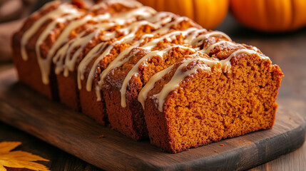 Homemade sweet pumpkin bread drizzled with sugar glaze.
