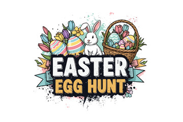 Colorful easter egg hunt with bunny and flowers