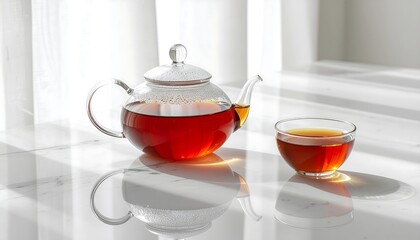 Transparent glass teapot and cup with amber black tea on a white marble table with bright sunlight