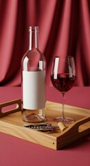 Red wine elegance with bottle and glass on wooden tray for dining decor