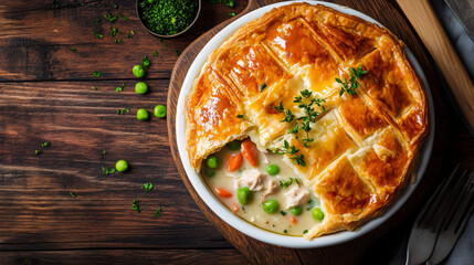 Individual chicken pot pie with puff pastry crust. top view.Copy space.