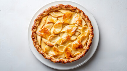 Phylla apple pie on a white plate on a light background. A place to copy the space. Use for menus, banners, and cooking posts. High quality photo.