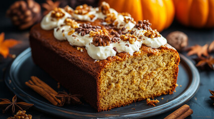 Pumpkin bread or cake with cream cheese filling, food gifts concept.