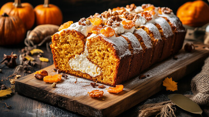 Pumpkin bread or cake with cream cheese filling, food gifts concept.