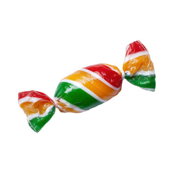 Colorful candy with striped pattern wrapped in clear cellophane wrapper.