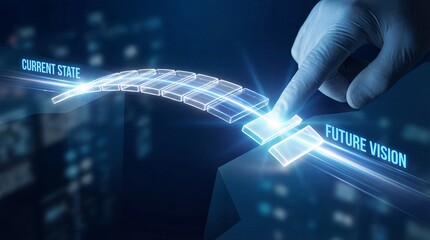 Hand selecting future vision over current state with glowing blue interface