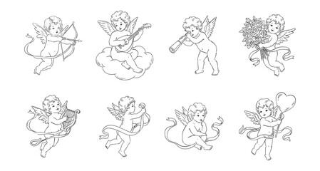 Valentine&rsquo;s Day Cupid Line Drawing Set. Hand Drawn Vintage Cherub Angel Illustrations in Various Pose, Simple Style, Greeting Cards, Invitations, Posters, Decorations Romantic Holiday Design Vector.