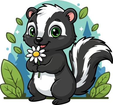 Adorable cartoon skunk holding a daisy flower illustration