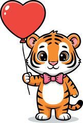 Fototapeta premium Cute cartoon tiger cub holding a heart-shaped balloon