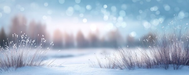 winter background with snow and bokeh lights. snowy landscape