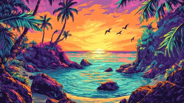 Sunset scene with palm trees, sea, rocks, and flying birds in vibrant pixel art