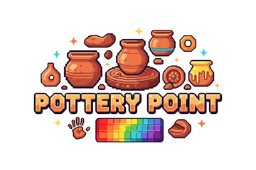 Retro pixel art pottery with clay tools and color palette on white background