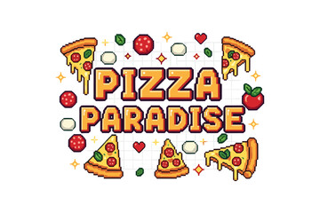 Pixel art pizza delight with pepperoni slices, cheese, and ingredients