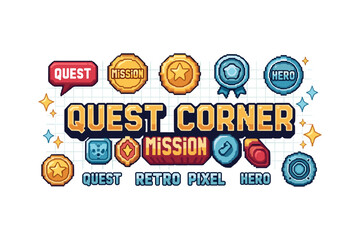 Obraz premium Retro pixel game icons and badges with quest and mission elements