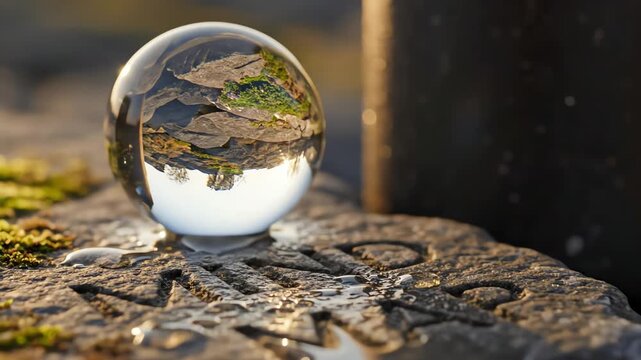 Footage of a crystal ball reflecting autumn leaves resting on a stone with the word 'Mind' inscribed, showcasing nature's beauty and mindful introspection through a macro lens