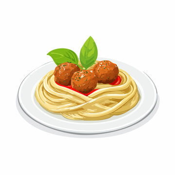 Assiette de spaghettis &agrave; la sauce tomate avec boulettes de viande et basilic