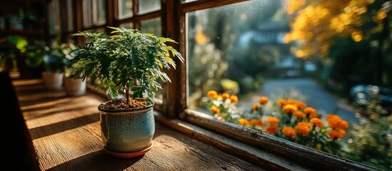 A potted plant on a window sill with a view of a garden