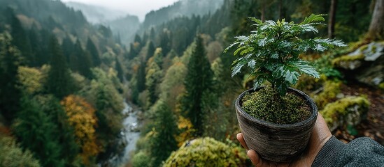 A hand holds a small bonsai with a verdant valley in the misty background