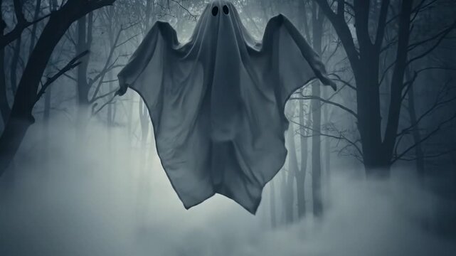 Creepy sheet ghost floating mysteriously on dark foggy night.