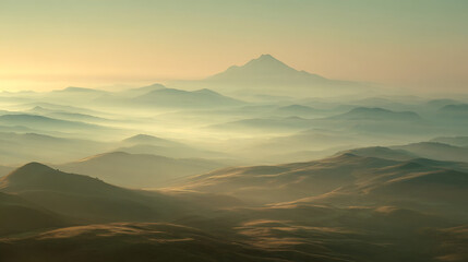 Misty Mountain Range at Sunrise with Soft Golden Light