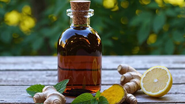 Fresh Cold-Pressed Ginger Turmeric Immunity Shot in Glass Potion Bottle on Rustic Wooden Table with Natural Background