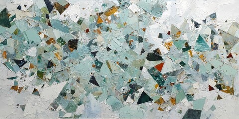 Fototapeta premium An abstract composition of triangular shapes in various shades of green and white, creating a textured mosaic effect.
