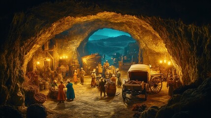 A bustling market scene within a cave.