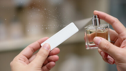 Close-up of hands testing perfume with scent strip while spraying fragrance from bottle, illustrating perfume testing, cosmetics store, and fragrance selection process